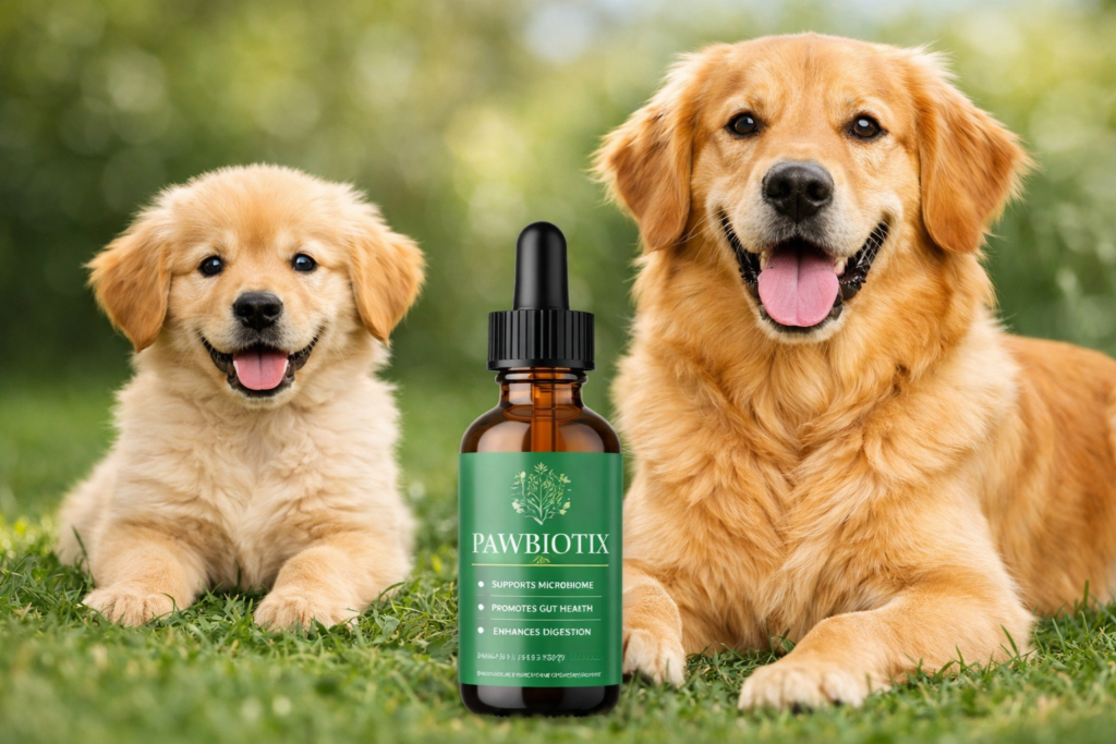 Pawbiotix liquid supplement bottle with a healthy puppy and adult dog sitting on grass