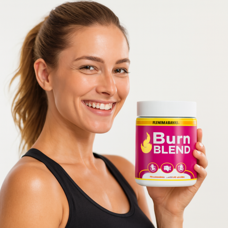 Fit smiling woman holding BurnBlend supplement jar, promoting health and vitality.