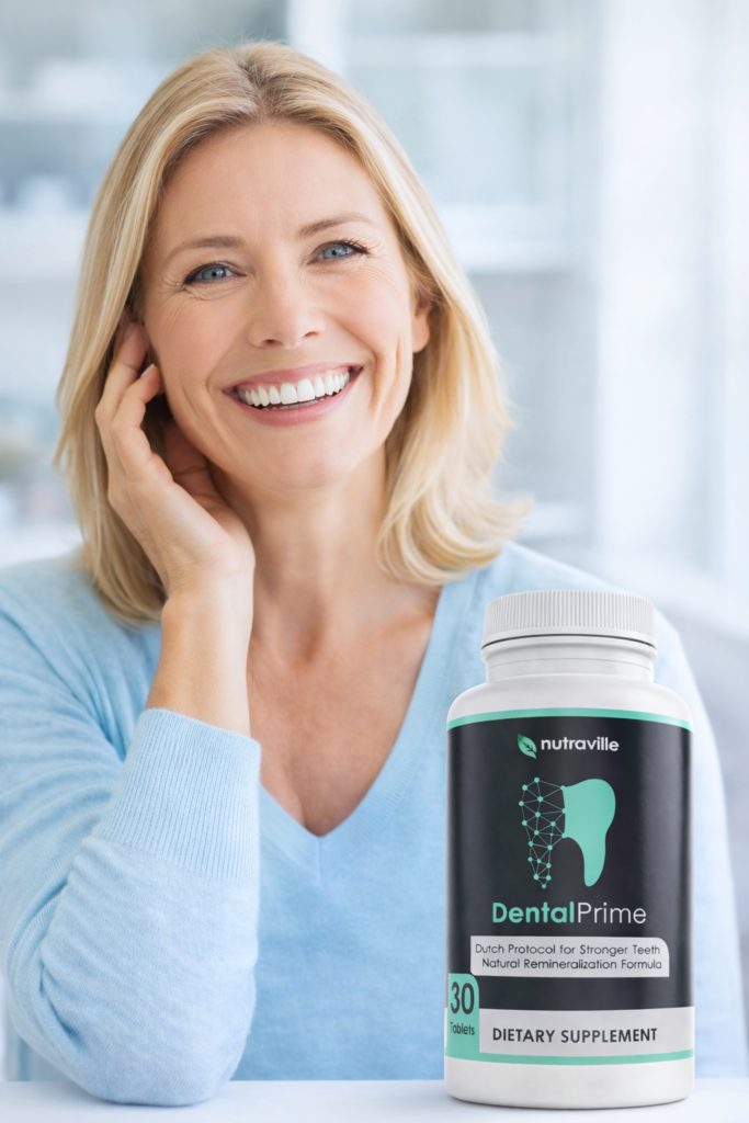 Smiling Woman Next To DentalPrime Bottle Representing Oral Wellness