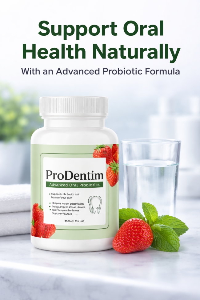 ProDentim supplement bottle with strawberries, mint, and a glass of water on a clean surface